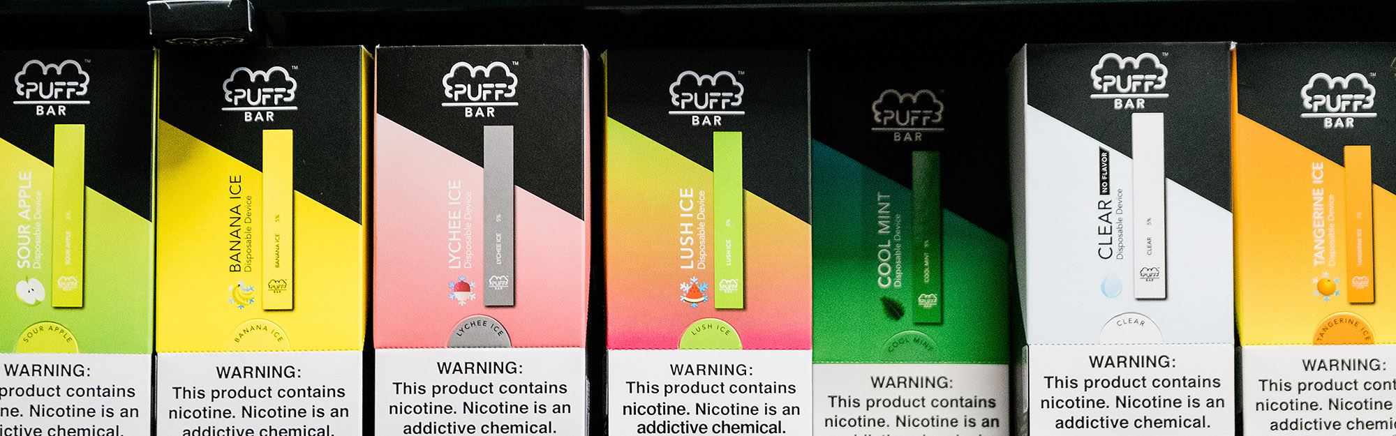 Puff Bars and other disposable e-cigarette products on a store shelf in New York on Jan. 26, 2020.  (Gabriela Bhaskar/The New York Times)